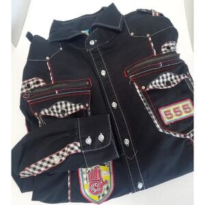 VTG Miskeen Originals Racing Collection 2XL Shirt Black Patch Button Up Cool Y2K